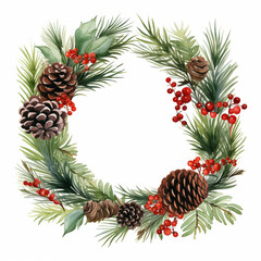 Fototapeta na wymiar Christmas Watercolor Floral Wreath with foliage, flowers and berries