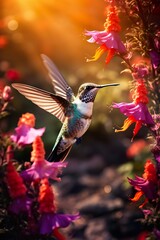 hummingbird in mid-flight, capturing its wings in a blur against a vividly colored flower garden, showcasing the dynamism and beauty of nature