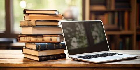  Stack of books with laptop on wooden table.