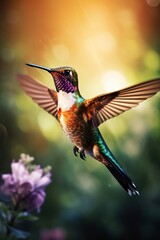 hummingbird in mid-flight, capturing its wings in a blur against a vividly colored flower garden, showcasing the dynamism and beauty of nature