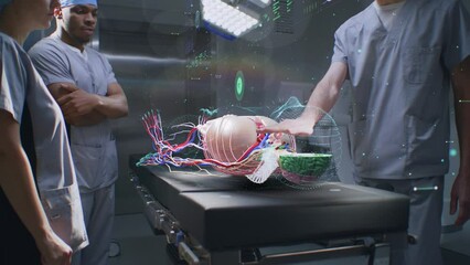 Multiethnic surgical team work in operating room using holographic display. 3D graphics of virtual human skeleton, organs and vital signs. VFX animation. AI technology in medicine. High-tech surgery. - Powered by Adobe