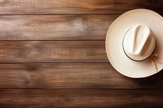 white cowboy hat on wooden background. Rural lifestyle background