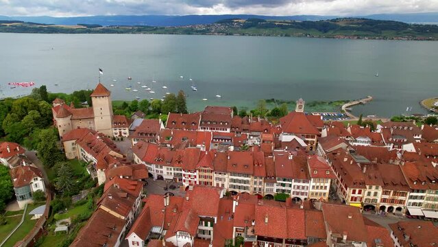 Switzerland travel.  idyllic places. Charming medieval town Murten (Morat) in scenic lake. aerial drone view.  canton Fribourg
