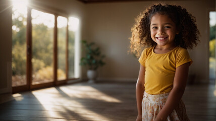 Girl doing exercise smiling in yoga studio. smiling little girl practicing exercises visualizing calming the brain increasing awareness and attention