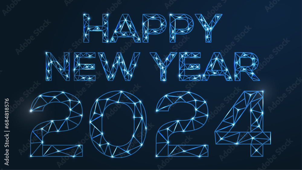 Poster happy new year 2024. vector low-poly image consisting of points and shapes in the form of stars and 