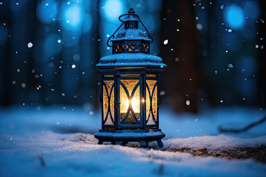 A lantern is lit in the snow at night created with generative AI technology