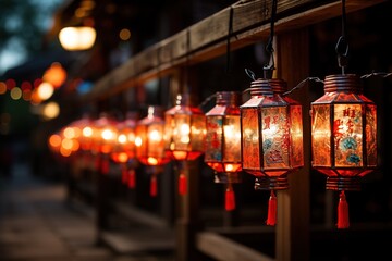 stock photo oriental lanterns with reddish light illuminate a street