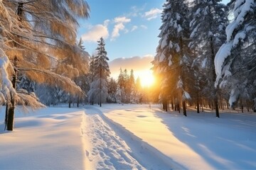 Fototapeta premium beautiful snowy winter forest landscape. snowy forest and fir branches. Sunset in the wood in winter period