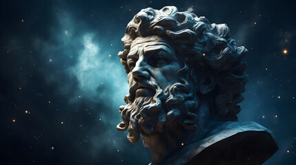 Man head of statue on universe background