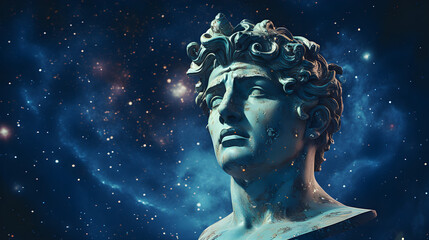 Man head of statue on universe background
