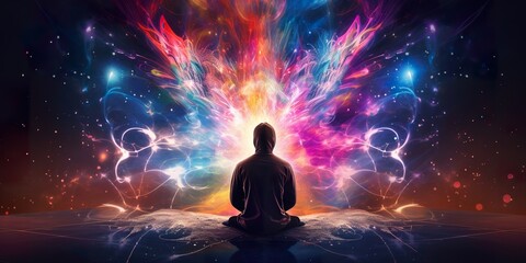 A person meditating in a psychedelic, abstract environment with bold colors and surreal elements