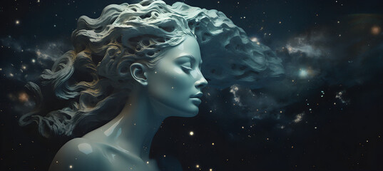 Woman head of statue on universe background