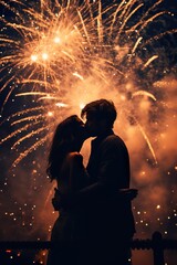 Fototapeta premium A romantic New Year's Eve moment, with a couple kissing at midnight under a sky full of fireworks, surrounded by a crowd of people but lost in their own world, a symbol of love and new beginnings