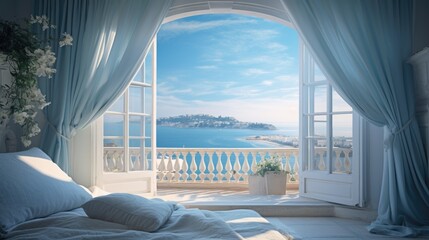 Beautiful luxury hotel room with a view of the ocean. Open balcony windows in romantic Amalfi Coast in Italy. Stunning seaside resort sunny summer bed. - obrazy, fototapety, plakaty