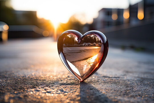 A heart shaped object sitting on the side of a road