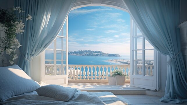 Fototapeta Beautiful luxury hotel room with a view of the ocean. Open balcony windows in romantic Amalfi Coast in Italy. Stunning seaside resort sunny summer bed.