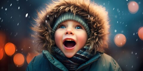 Obraz na płótnie Canvas An ecstatic kid in a warm winter coat, with a scarf and mittens, cheering with wide eyes and an open mouth as they witness a grand firework