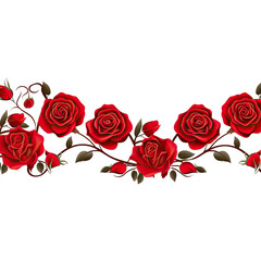 Red Roses Border Tile - A Seamless Tile of a Red Roses Border Isolated Perfect for Romantic and Floral. Themed Designs. Isolated on a Transparent Background. Cutout PNG.