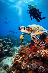Fototapeta premium An underwater shot of a diver swimming alongside a majestic sea turtle, amidst vibrant coral reefs, capturing the serene interaction between human and marine life