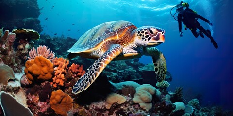 Naklejka premium An underwater shot of a diver swimming alongside a majestic sea turtle, amidst vibrant coral reefs, capturing the serene interaction between human and marine life