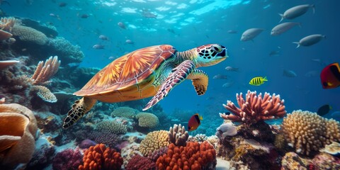Naklejka na ściany i meble An underwater shot of a diver swimming alongside a majestic sea turtle, amidst vibrant coral reefs, capturing the serene interaction between human and marine life