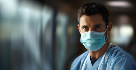 Portrait of a doctor on duty in a hospital wearing light blue uniform and surgical mask. Copy space.