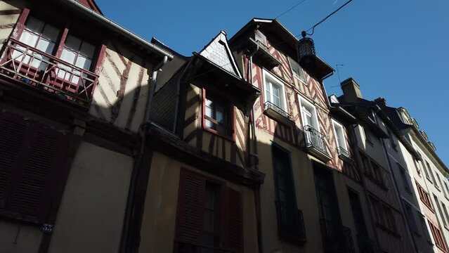 Rennes, France, October 10, 2023: DOLLY SHOT - The historic half-timbered buildings in the old city center of Rennes, Brittany, Northern France. 