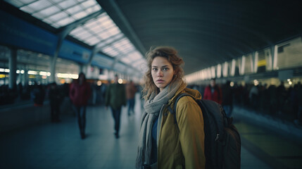 young woman with backpack in crowded train station, contemplating her journey amid bustling environment, neutral expression. fictional location