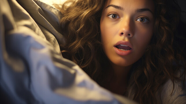 emotions and nightmare or waking up, sleep and insomnia or aroused or sexual satisfaction, multiracial woman, 20s 30s