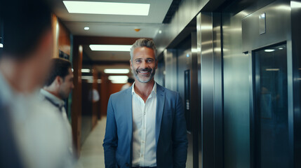 smiling middle-aged man in suit and tie in busy office hallway, positive workplace atmosphere