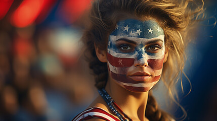 woman with American flag face paint in lively crowd, confident expression, patriotic and prideful atmosphere, fictional location