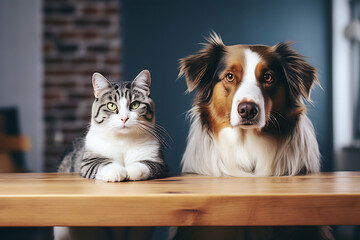 Serious cat and dog are sitting at the table in a minimalistic kitchen and waiting for food