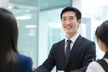 Happy korean business man manager handshaking at office meeting. smiling male hr hiring recruit at job interview. generative AI - obrazy, fototapety, plakaty