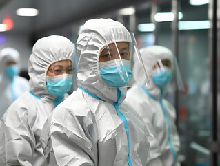 Chinese team of infectious disease doctors with protective suits and surgical masks in a sanatorium. Concept pandemic, virus, contagion. - obrazy, fototapety, plakaty