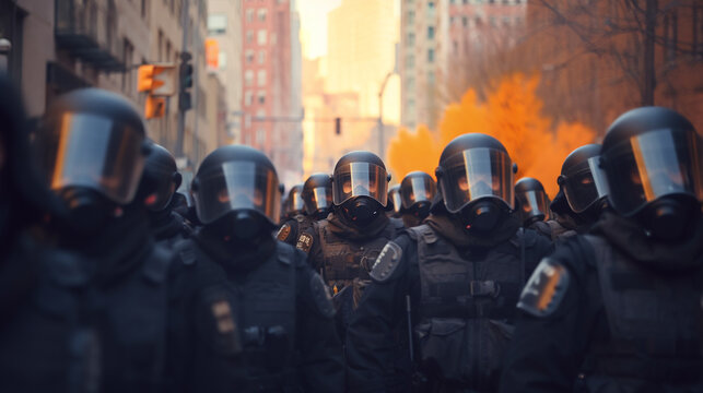 Police Officers In Formation Or Armed Police As Climate Activists In City Street