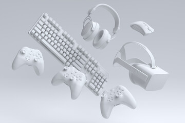 Top view gamer gears like joystick, keyboard, headphones and microphone - obrazy, fototapety, plakaty