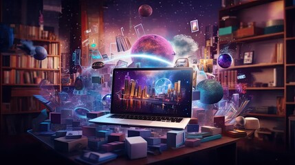 e-learning and internet technology in education. Showcase a modern online classroom setting with students engaged in a webinar or online courses.