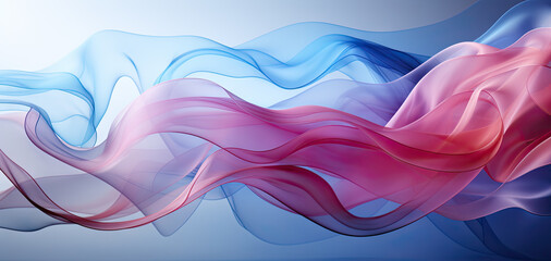 Intricately flowing pink blue waves on light blue background. Smooth curvy shape fluid background. Transparent smooth wave. Colored smoke whiffs and swirls - obrazy, fototapety, plakaty