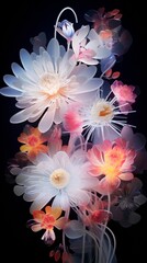  the concept of white-themed neon flowers to new heights, where the dynamic interplay of elements, including white and neon,