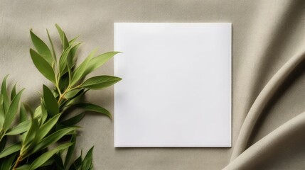 a blank paper card mockup, accompanied by an envelope, a green branch, and a silk ribbon elegantly arranged on a linen tablecloth.