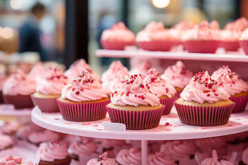 Pink cakes on a store window.