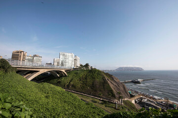 PERU Panoramic view of the Villena Rey Bridge of the Miraflores district with luxurious apartments and Pacific Ocean © Luis