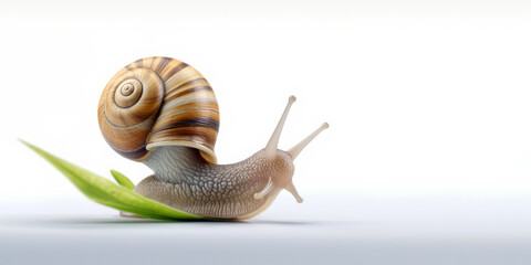 A snail with a brown shell crawls over a green leaf isolated on a white background - Powered by Adobe