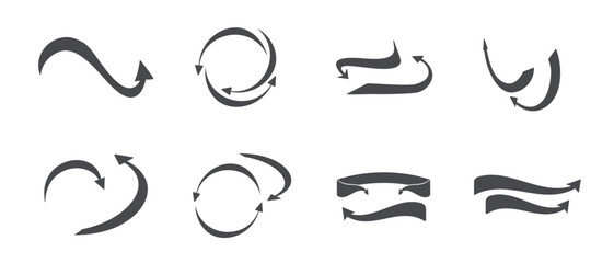 Arrow turning in a circle. Black cursor in a circle. Set of flat round arrows. Vector icons.