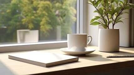 a breakfast still life on a wooden table in a minimalist home office, a cup of coffee, books, an empty photo frame mockup, and a vase with olive branches. - obrazy, fototapety, plakaty