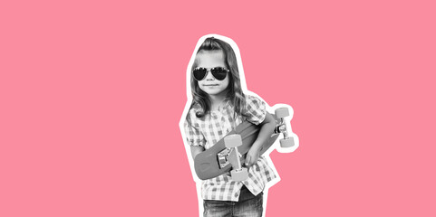 Fashionable portrait of stylish little girl child with skateboard on pink background