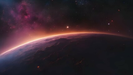 fantasy image of space. View on the edge of a planet with stars and bright lights far away. AI Generated