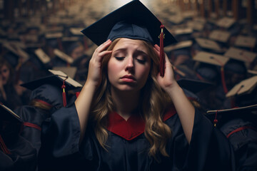 Obraz premium A female college student wearing the graduation cap and gown looking sad and overwhelmed