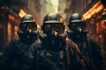 a group of soldiers in a gas mask and helmet, three warriors in close-up.