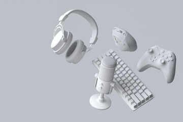 Top view gamer gears like joystick, keyboard, headphones and microphone © Vasyl Onyskiv